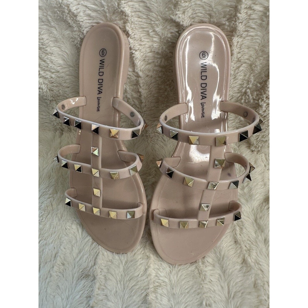 Beige Pink Jelly With GOLD Studs SLIDES NEW WITHOUT BOX Size 6.0 Sandals Sz 6 sb